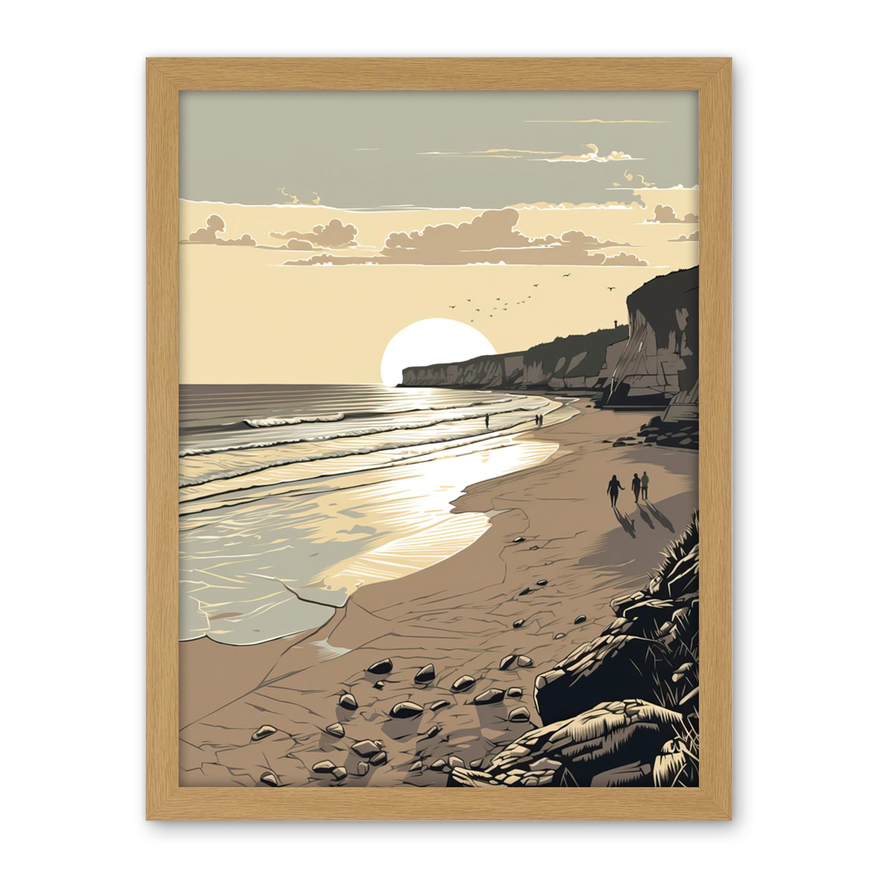 Artery8 Sunrise Walk on Filey Beach Coastal Illustration Artwork Framed Wall Art Print 18X24 Inch