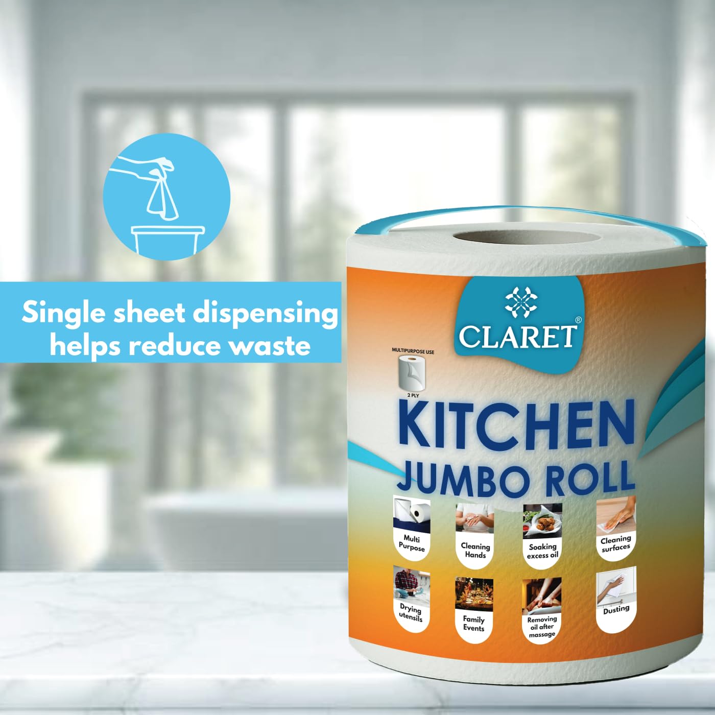 Claret Kitchen Jumbo Towel Tissue Paper Roll Napkin 300 Pulls Each Roll | Soft & Highly Absorbent | 100% Natural | 2 Ply | Pack of 2 Roll | Ideal For Cleaning Kitchen Accesssories Microwave & OTG - Image 6 thumbnail