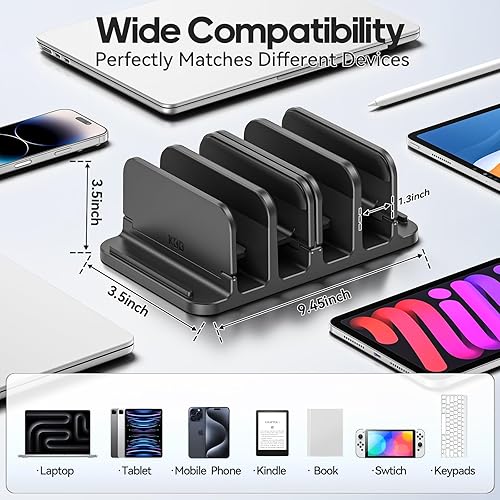 Miniatura 3 de KDD Soporte vertical para portátil de 4 ranuras con bloqueo por gravedad y almohadilla de escritorio y organizador magnético para oficina y hogar