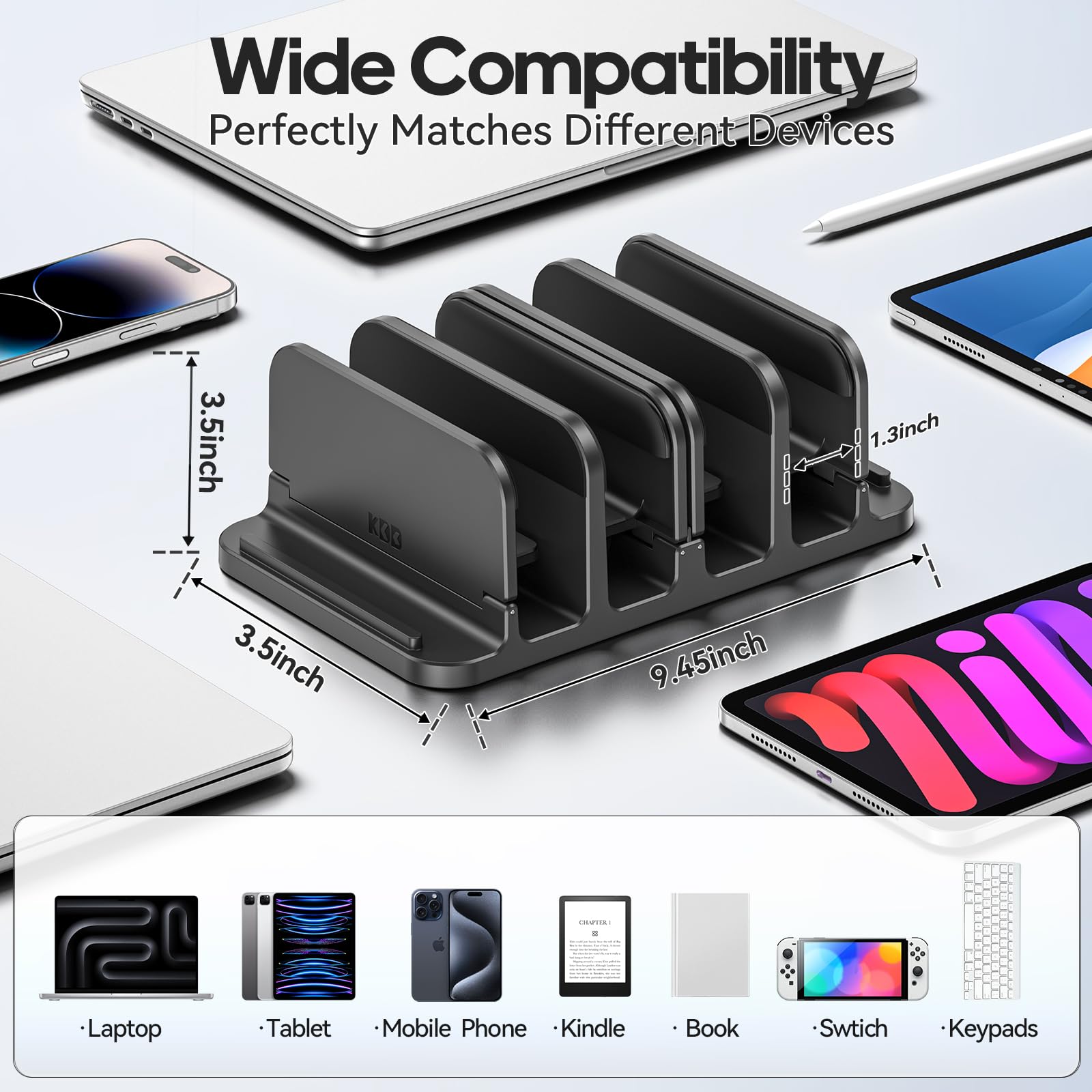 KDD Pionowy stojak na laptopa z blokadą grawitacyjną, uchwyt na laptopa 6 w 1, organizer oszczędzający miejsce pasuje do MacBooka/Surface/Samsung/HP/Dell/Book/tablet/Switch i telefonu komórkowego