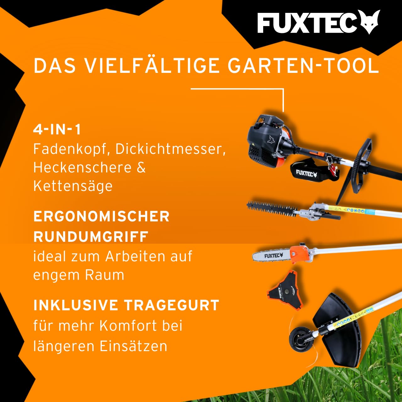 FUXTEC Benzin Motorsense FX-MT152 4in1 Multitool 52 cc - Profi-Tragegurt & 3 PS Leistung - Kombigerät Heckenschere Hochentaster Kombisystem Freischneider - 2-Takt Test Oberklasse 1,4
