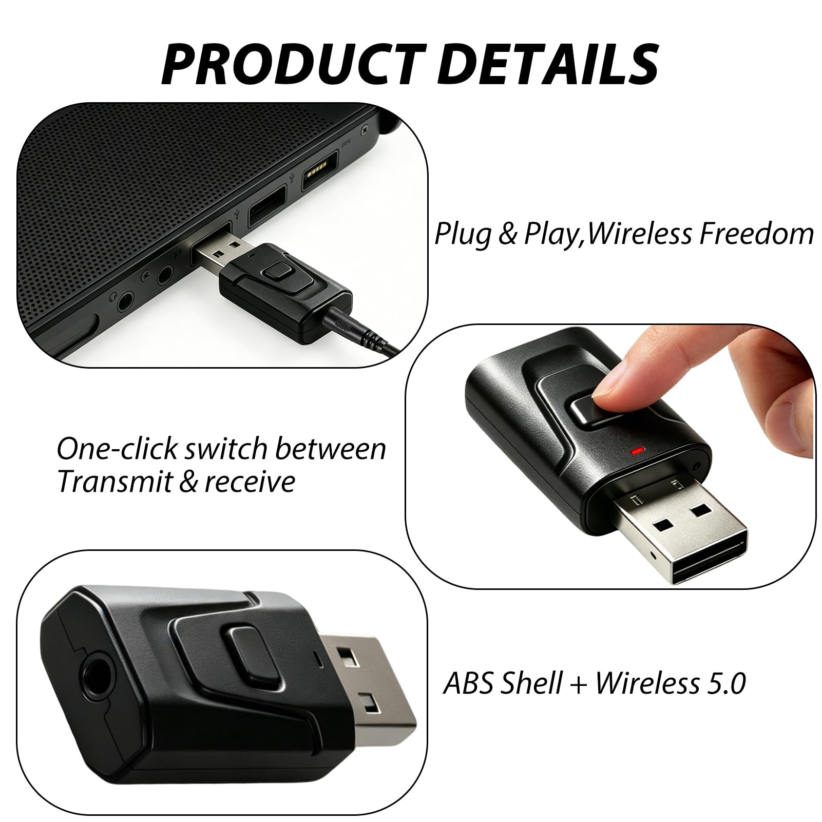 Adaptateur Bluetooth USB 5.0 2 en 1 Émetteur Récepteur Audio avec Jack 3,5 mm pour PC TV Voiture