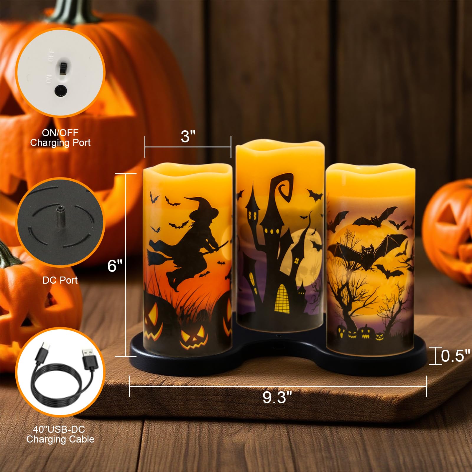 Candele ricaricabili per Halloween, senza fiamma, a batteria, con telecomando e timer, in vera cera tremolante, LED, pipistrelli, strega, zucca, cena, Halloween, decorazione per interni