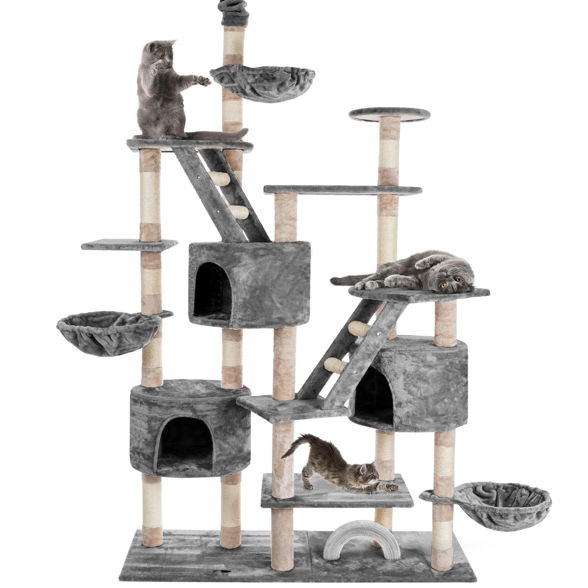 HAPPYPET Kratzbaum deckenhoch 260 cm hoch, Kletterbaum SAM – Großer XXL Katzenbaum Stabil für mehrere Katzen, stabile 8 cm Säulen, Liegemulden, Häuser, mit Zubehör, Grau