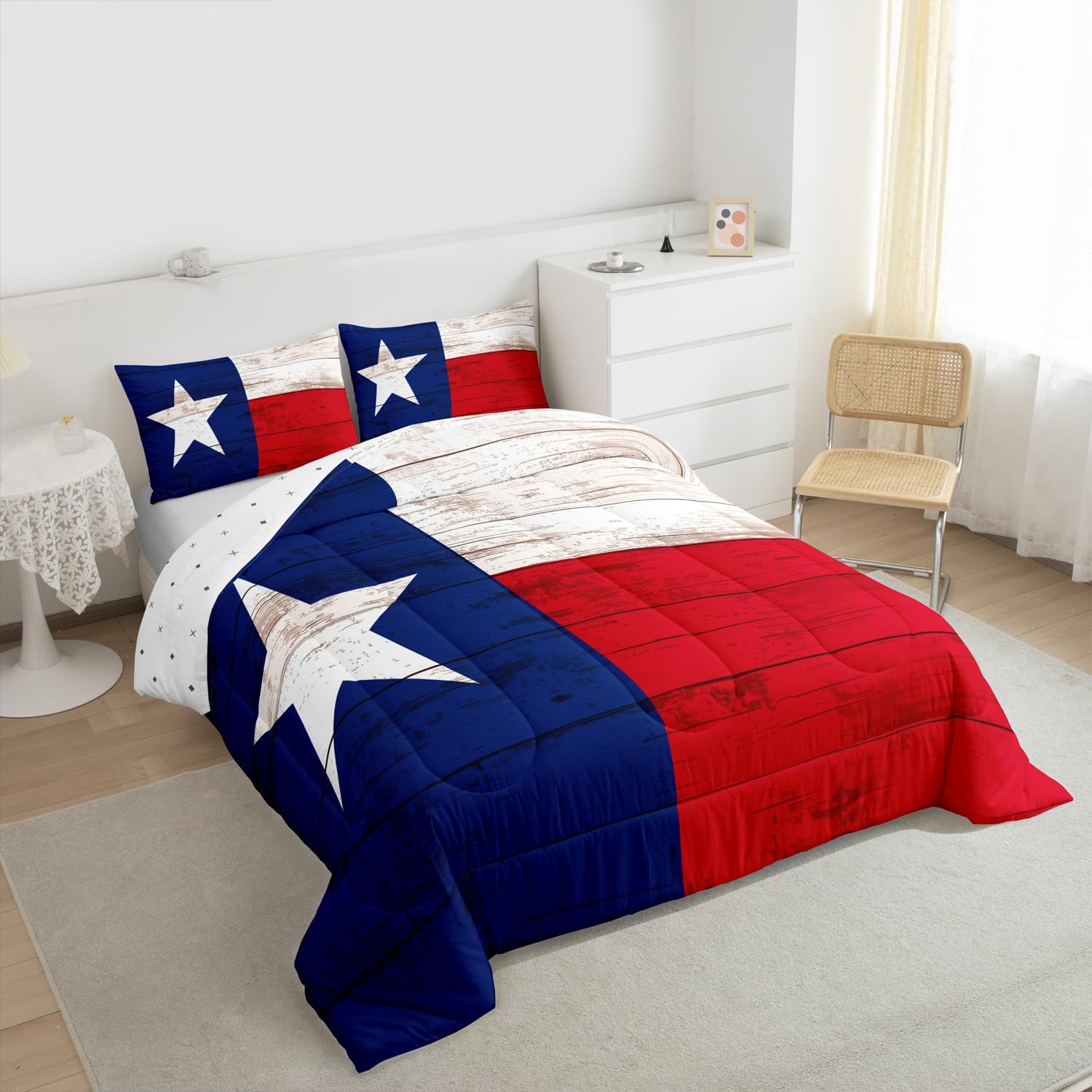 Erosebridal Western Texas Star Bedding Set Retro Vintage American Flag Quilt Cowboys Gifts for Women,Patchwork White Red and Blue Queen Comforter Set,Grunge Stars and Stripes Farmhouse Decor