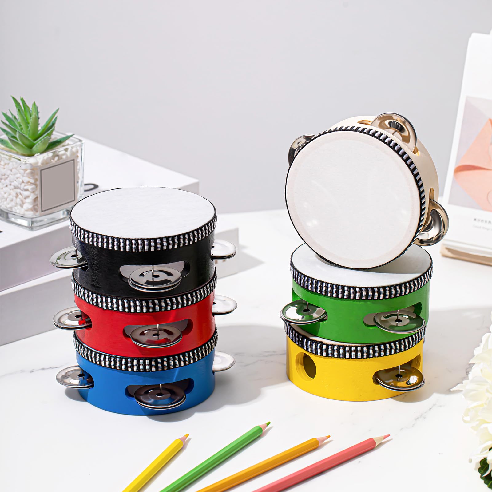 12 panderetas de boda de 4 pulgadas para adultos, regalo de percusión de mano, cascabeles de madera y metal, instrumento educativo musical para iglesia, boda, fiesta, juegos (multicolor)