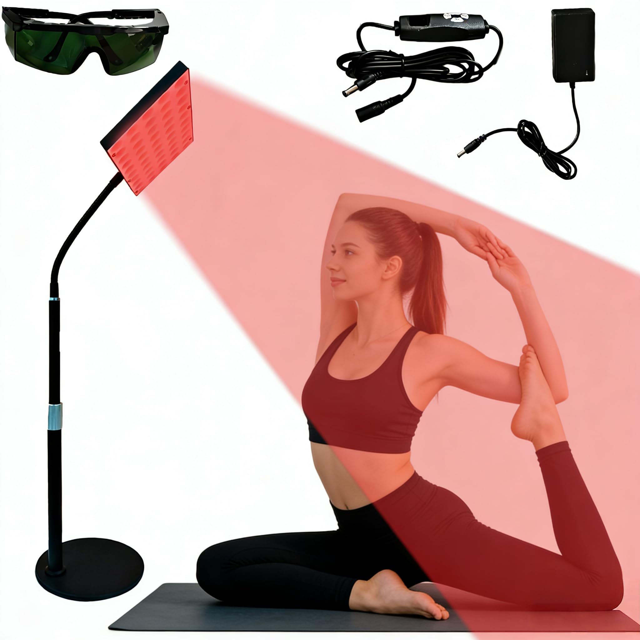 Panel terapeutyczny z czerwonym światłem 30 W, 100 diod LED, 660 nm i 850 nm, podwójna długość fali, regulacja jasności i timera, stojak z regulacją wysokości, w zestawie okulary ochronne na całe