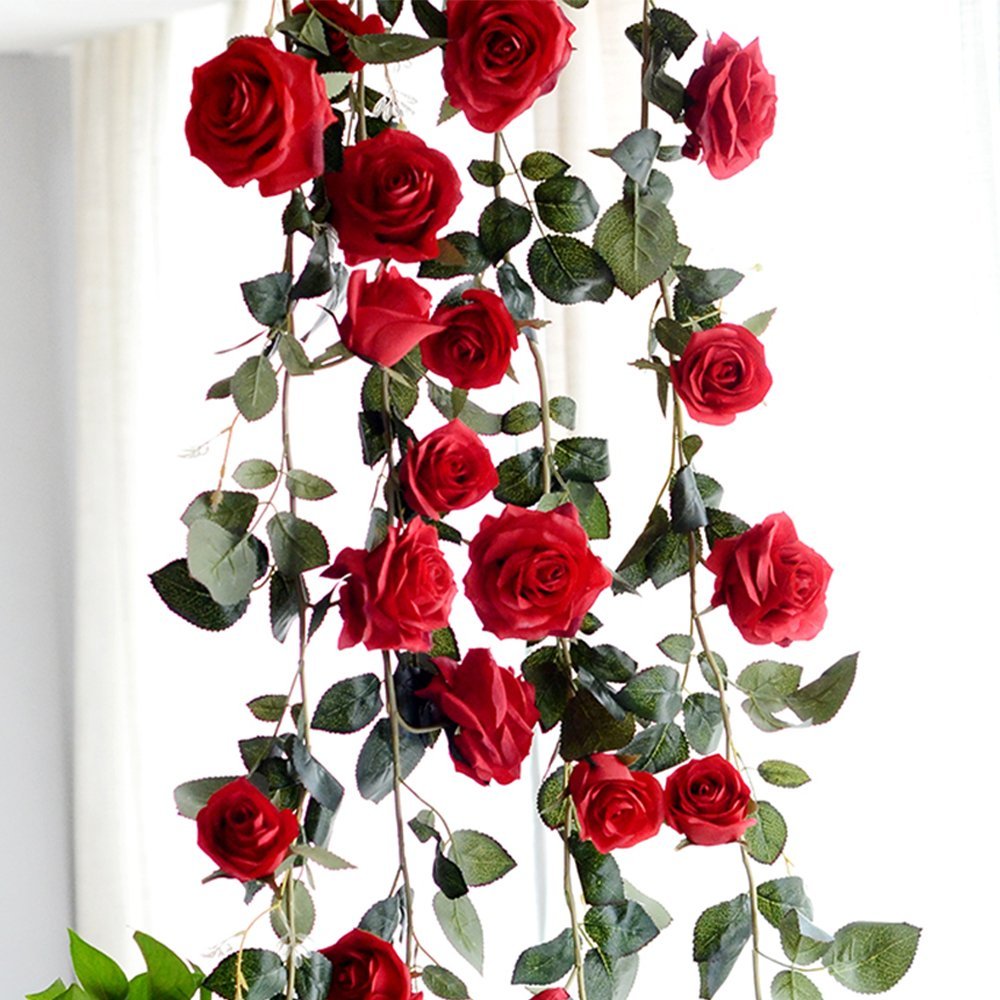Yunhigh Artificial Silk Red Rose Flower Ivy Vine Fake Hanging Plant