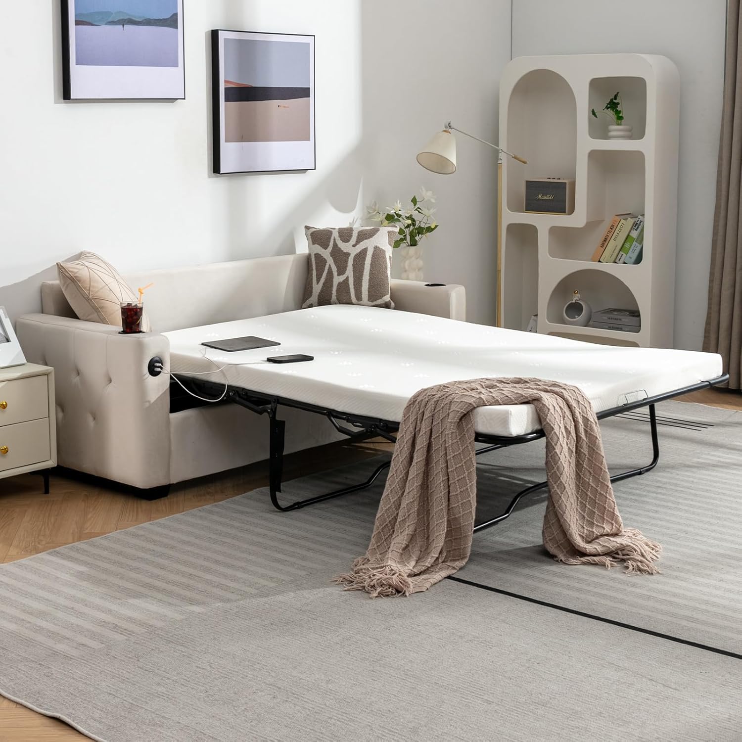 MUZZ Pull Out Couch Bed, 2 in 1 Sleeper Sofa Bed with Cup