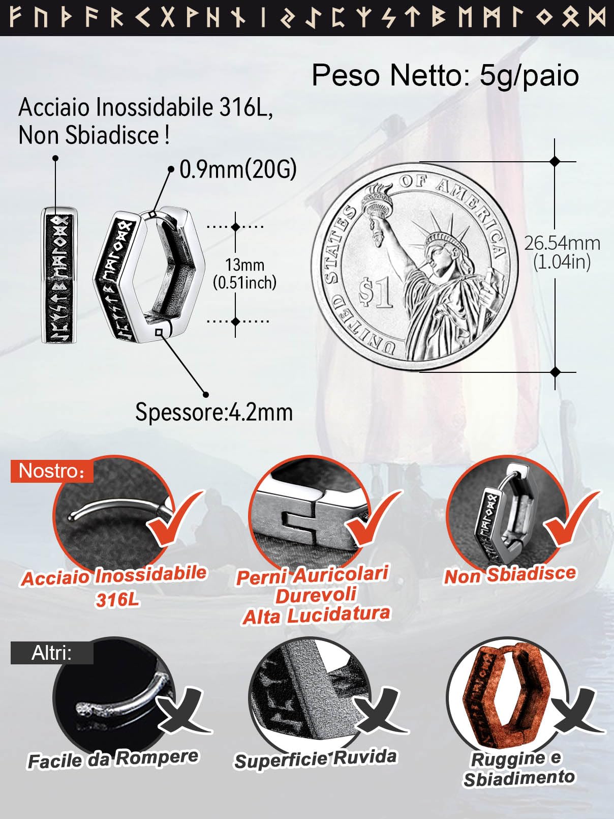 FaithHeart Uomo Donna Orecchini Cerchio di Rune Vichinghe Rune Celtiche Orecchini Cerchio Argento 925 / Acciaio Inox Antiallergico con Onice Gioielli Amuleto Nordico