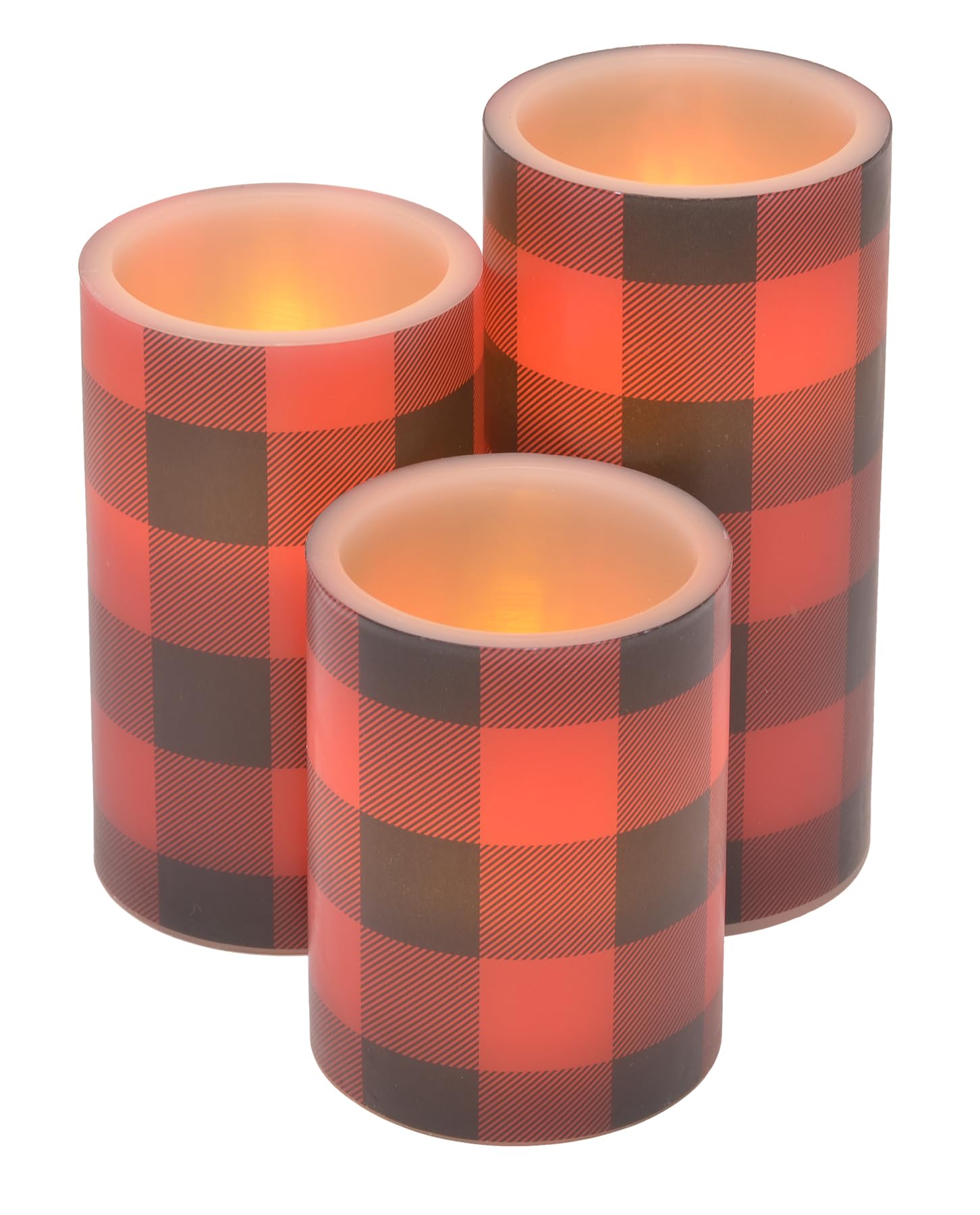 Mark Feldstein & AssociatesBuffalo Plaid Winter Holiday LED Flameless Pillar Candles, Set of 3, Red and Black, 6 Inch