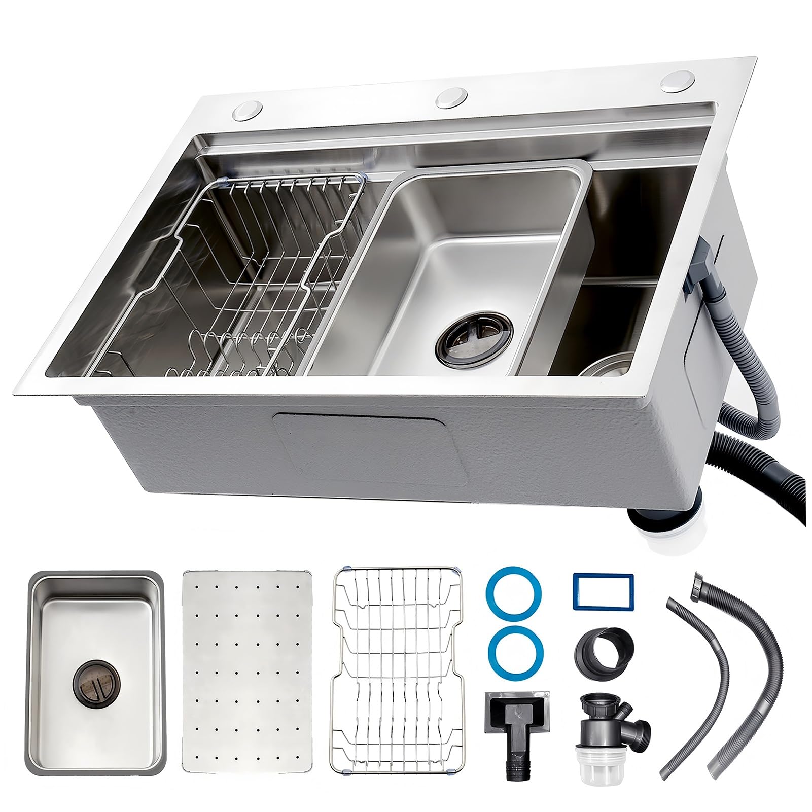 ZQFHSX Large Silver Kitchen Sink, with Drain Pipe, Stainless Steel Workstation Removable Trash Cup, Single Bowl Bar Basin, for Topmount, Undermount(A,85x50x22cm)