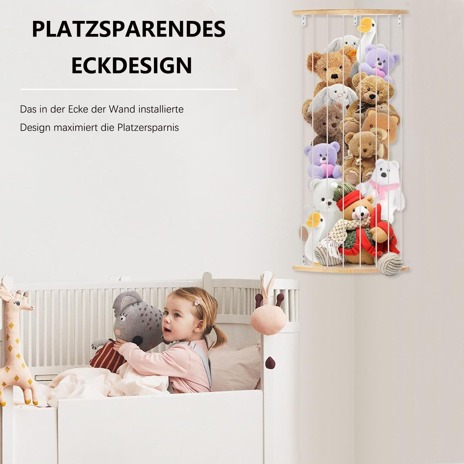GUIGUZI Kuscheltier Aufbewahrung Organizer, Holz Eck Stofftier Regal, Kinderzimmer Hängend Spielzeug Organizer für Plüschtiere und Teddybären