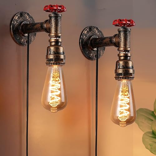 Miniatura 2 de Juego de 2 lámparas de pared industriales con cable enchufable para iluminación de noche de dormitorio, cepillo de latón, tubo de agua dorado,