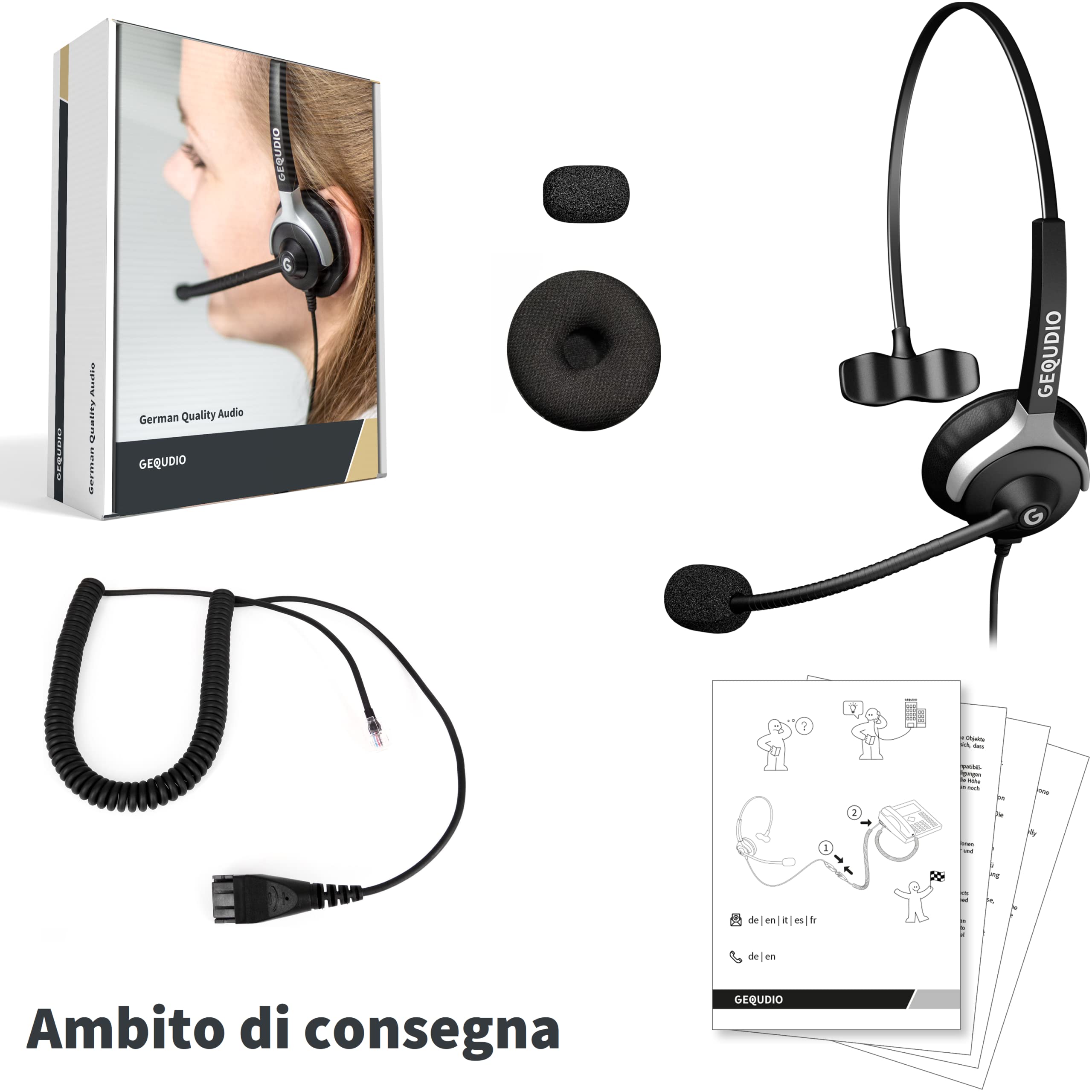 GEQUDIO Cuffie telefoni adatto a Unify OpenStage 30 40 60 80 OpenScape, innovaphone telefono con connettore RJ - Cuffie e microfono Cuscinetti di ricambio - 60g di peso (1-altoparlante)