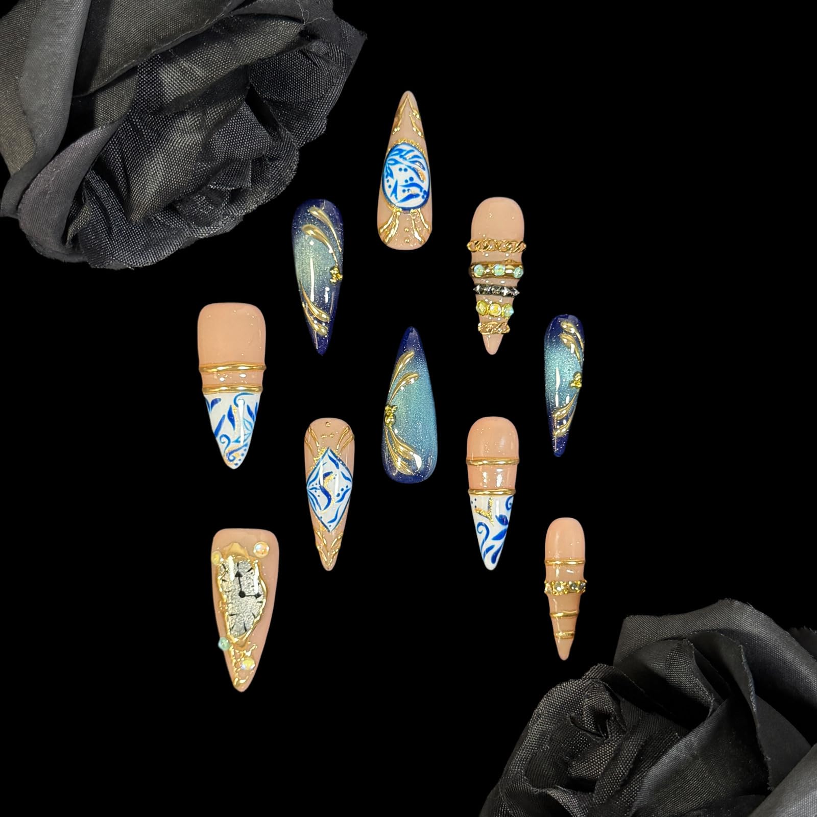 Anello per unghie fatto a mano, ispirato al blu navy (M)