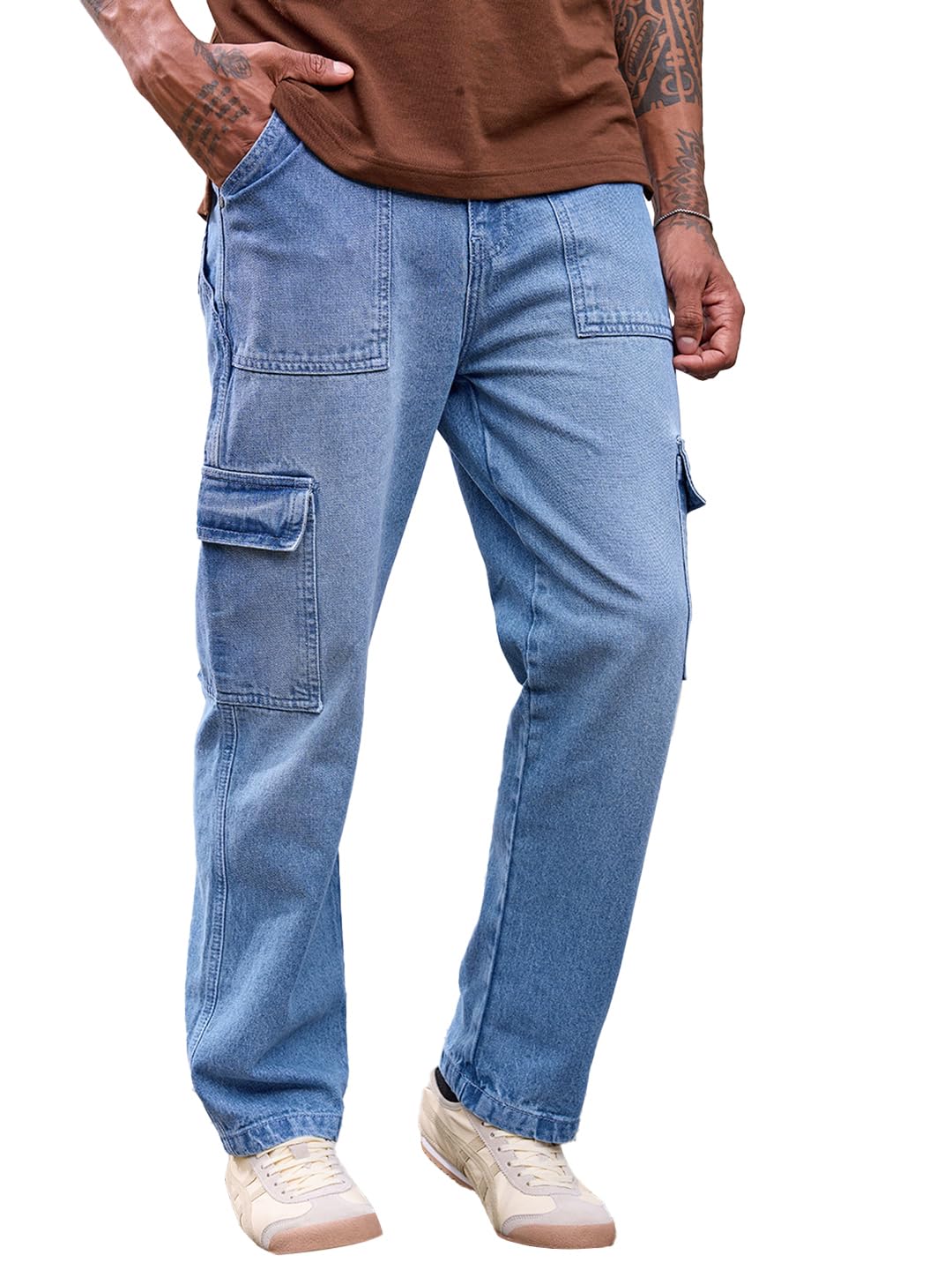 Bewakoof Men's Mid Rise 100% Cotton Solid Regular Fit Jeans in neutral