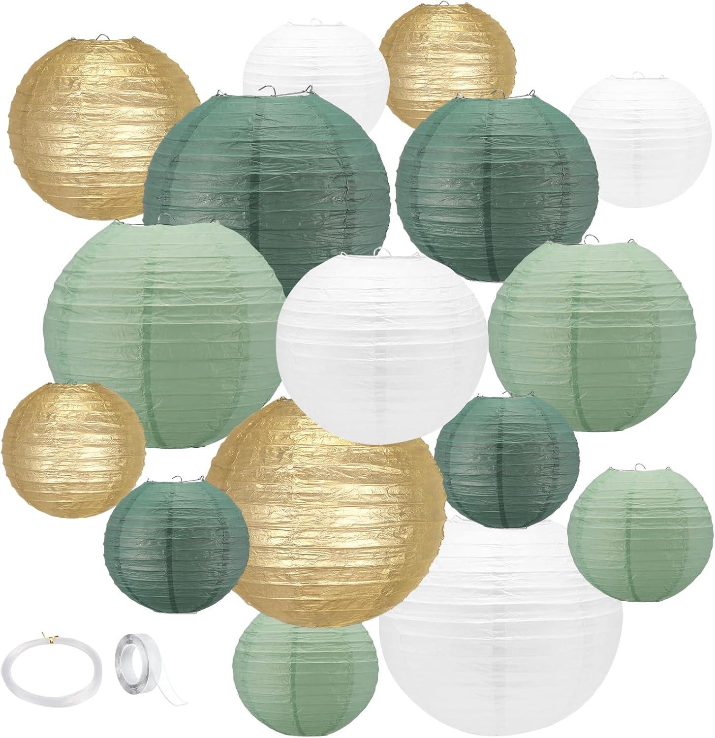 Sage Green Paper Lanterns Decorative,16Pack Gold Green White Party Decorations,Hanging for Indoor or Outdoor Weddings,Bridal Shower Decorations,Rustic Party,Graduation,Tropical