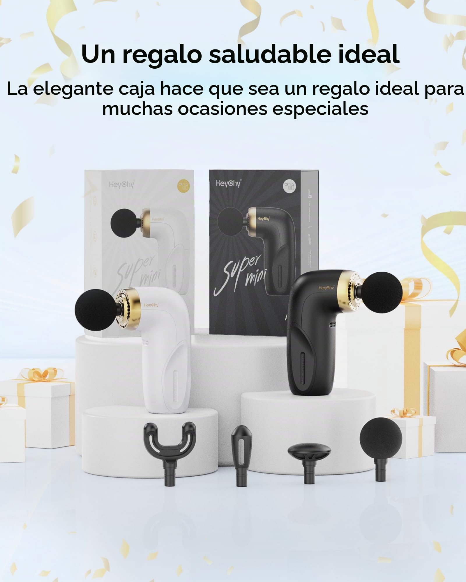 HEYCHY A1 Super Mini - Pistola de masaje (0,27 kg, 4 cabezales de silicona), color negro | Pistola de masaje de tejido profundo con 7 mm de amplitud, hasta 3000 rpm, USB-C y batería, para deportes, oficina y viajes
