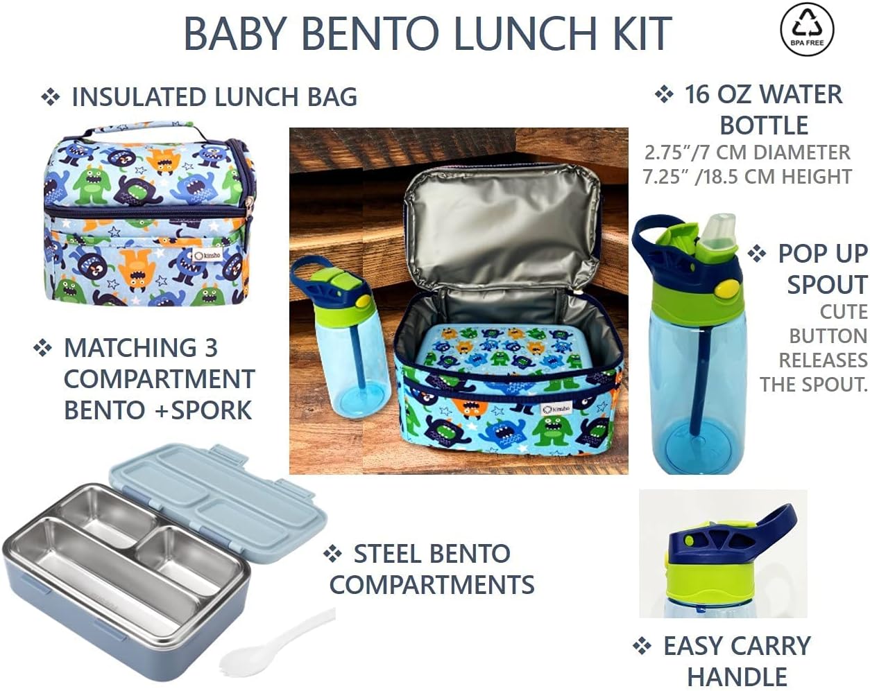 kinsho Stainless Steel Bento Box, Insulated Lunch Bag and Water Bottle Set for Toddlers. Snack Container for Small Kids, Baby Boys, Toddler Daycare or Pre-School Lunches, Blue Cute Monster