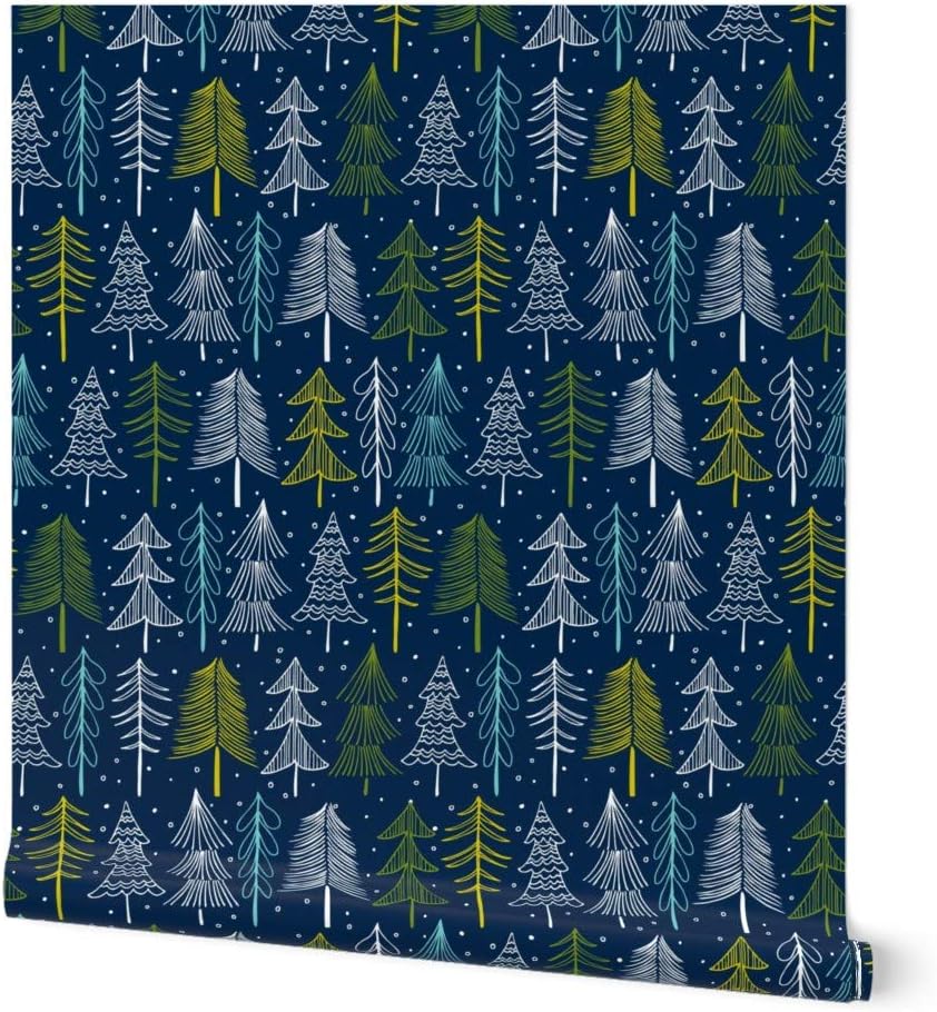 Spoonflower Removable Wallpaper 3ft x 2ft - Christmas Tree Navy Blue Regular Scale Holiday Winter Forest Snow Festive Trees Seasonal Nature Custom Pre-Pasted Wallpaper