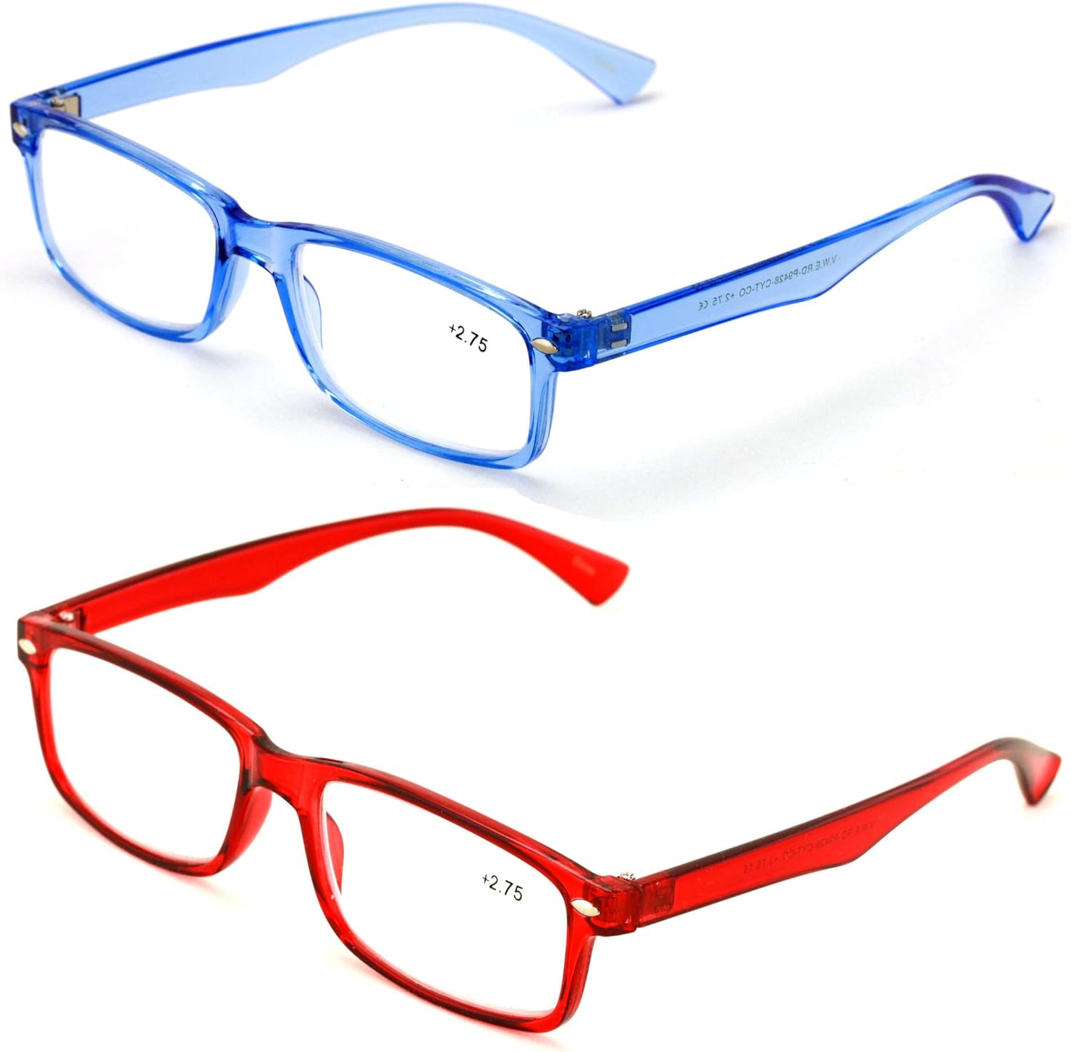 V.W.E. 2 Pairs Casual Rectangular Reading Glasses - Stylish Simple Readers Magnification Transparent Blue Red Clear - Image 2