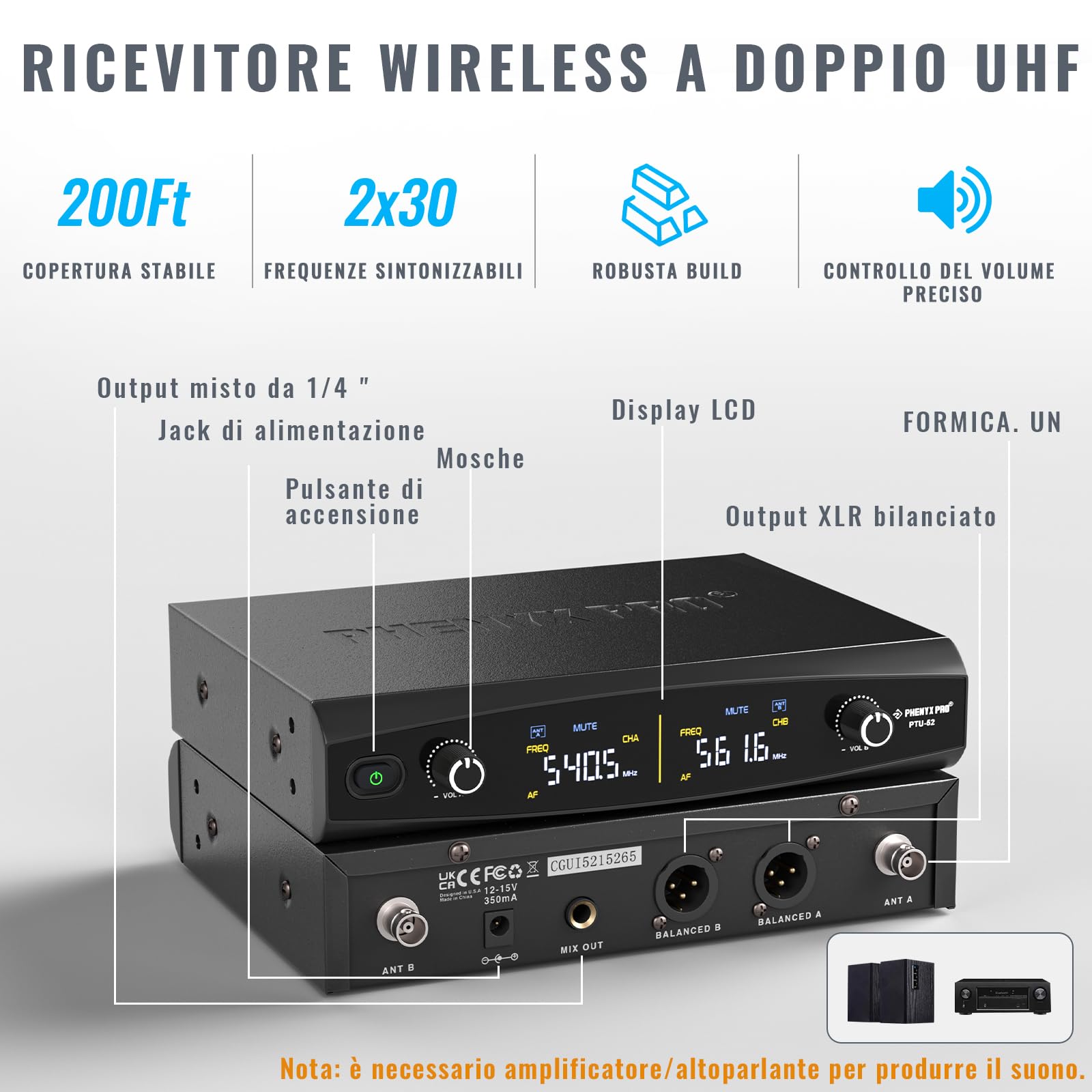 Phenyx Pro Sistema Microfono Wireless UHF a 2 canali PTU-52-2B | Auto Pair, 2 bodypack, microfoni headset/lavalier, 2 × 30 frequenze, portata 200 ft, vivavoce, chiesa