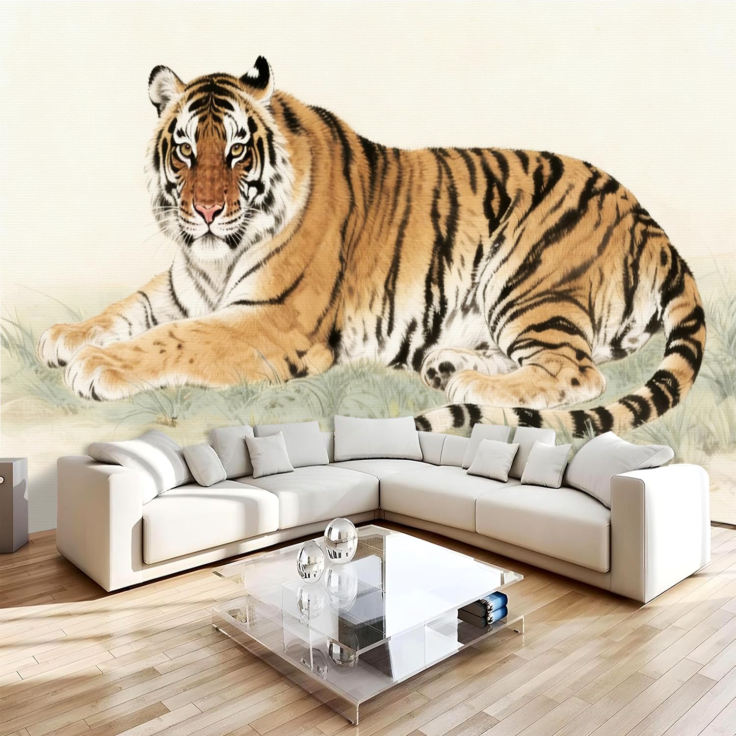 Générique Papier Peint Panoramique 3D 366x254 cm Tigre Non-tissé Murale Maison Décoration Intérieure Animaux Dessinés à La Main pour Chambre Salon Mur TV Artistique Poster Décoration Murale 1M2782