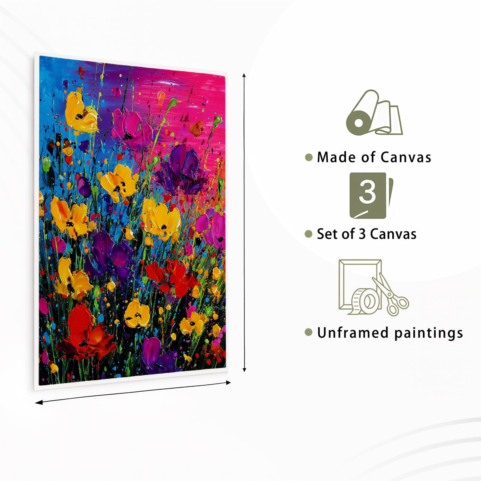 Generisch 3-teiliges Wandbild Leinwand Set 50 x 70 cm, Ohne Rahmen Triptychon Ästhetische Kunstdrucke Ölgemälde Floral für Wohnzimmer & Schlafzimmer, Blume Wildgras Farbig Sonnenuntergang Himmel