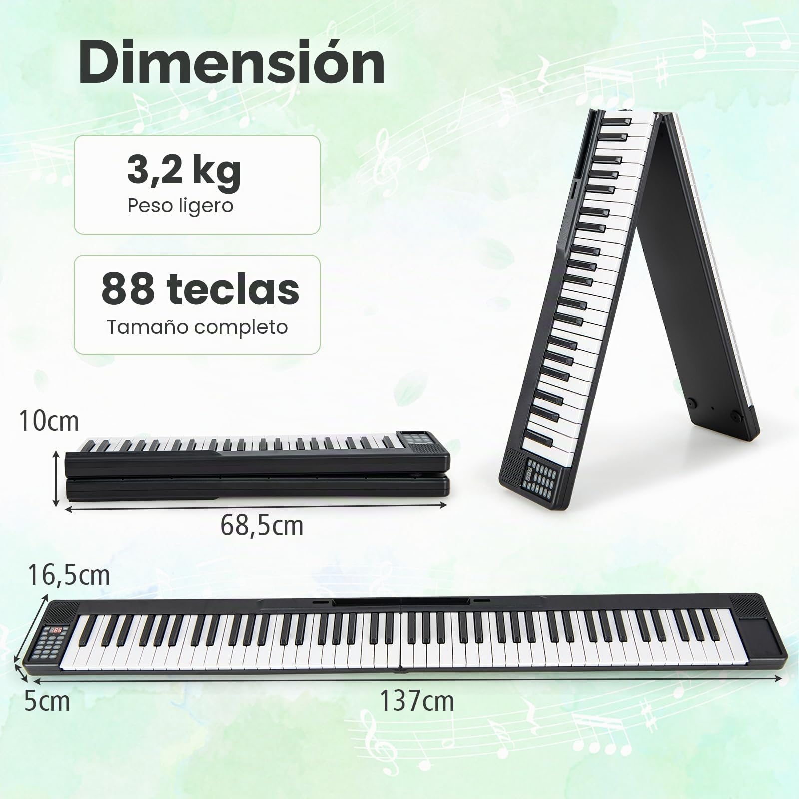RELAX4LIFE Piano 88 Teclas, Piano Eléctrico Portátil y Plegable con Funda, Piano Electrónico con 15 Canciones, 128 Tonos y Ritmos, USB para Principiantes (Negro)