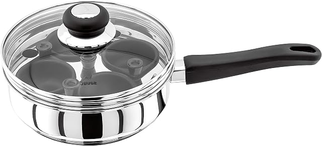Judge Vista JJ86A Four-Cup Egg Poacher and Stainless Steel Frying Pan, 20cm, Vented Glass Lid and Stay-Cool Handle, Induction Ready, 25 Year Guarantee 10 Year Non-Stick Warranty