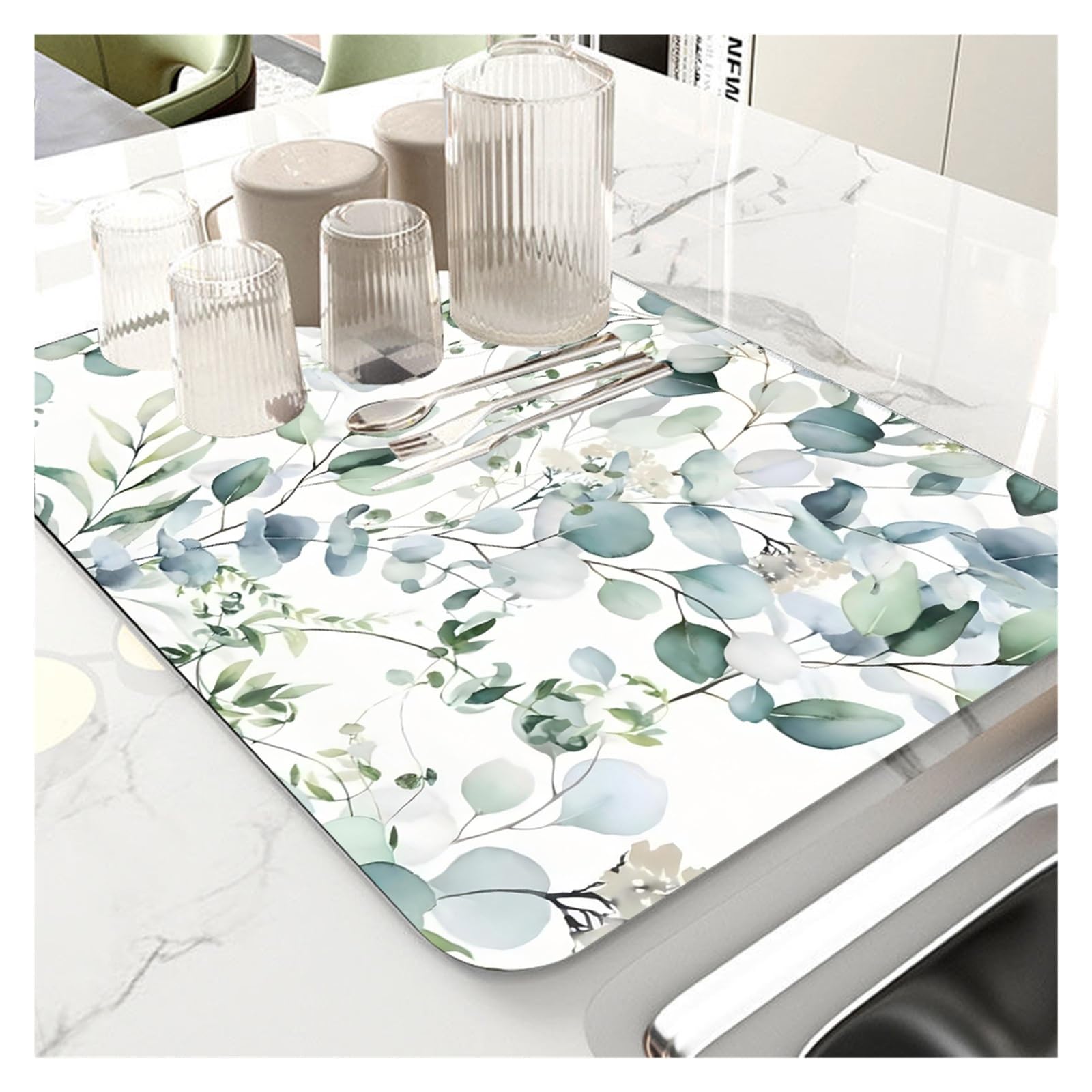 Tapis de séchage absorbant en forme de feuilles d'eucalyptus - Résistant à la chaleur - Antidérapant - Protection de comptoir pour évier - T (3, 50 x 80 cm)