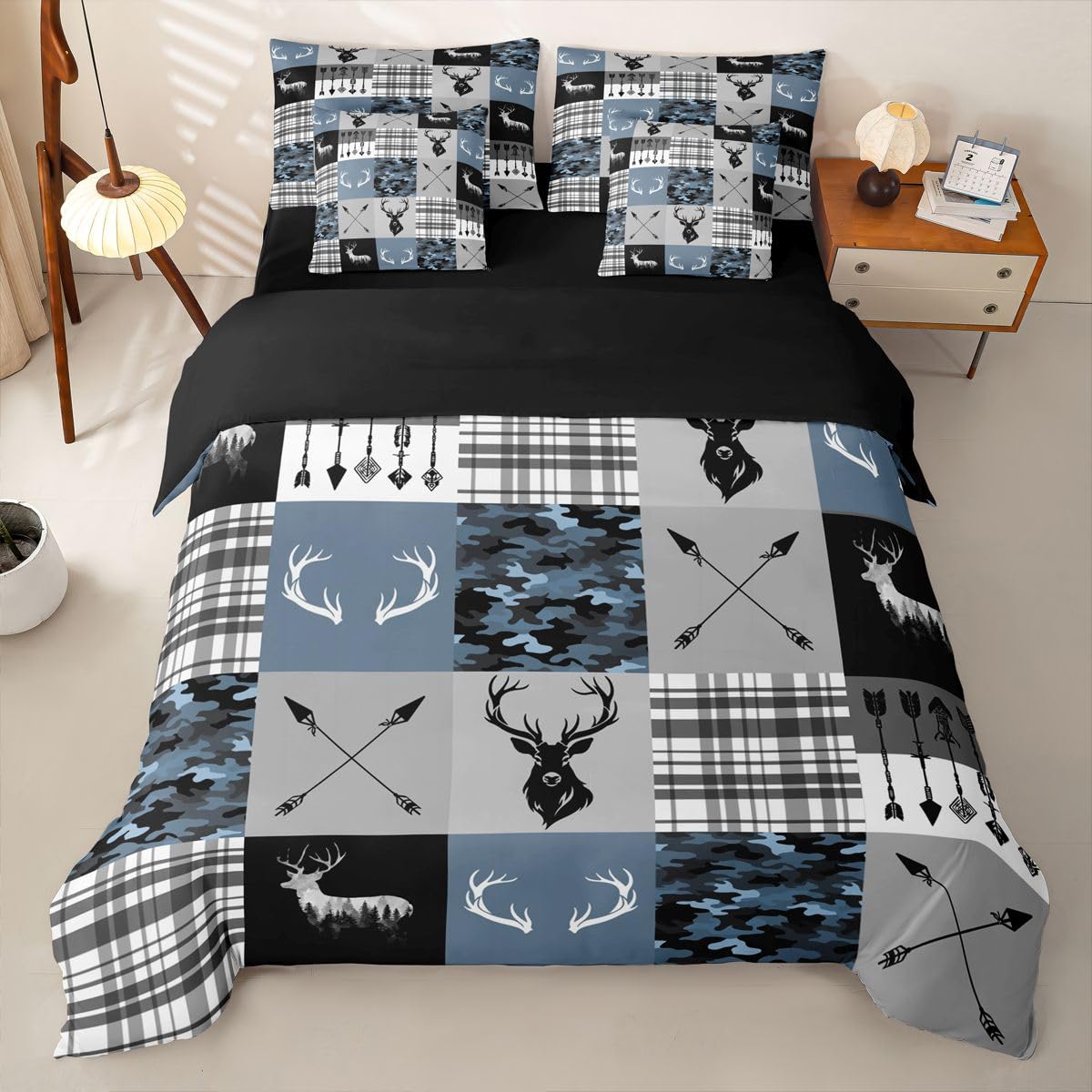 Loussiesd Juego de funda de edredón con diseño de ciervo de camuflaje azul, tamaño doble, 7 piezas, ropa de cama para niños y niñas, con funda de edredón, sábanas, fundas de almohada, fundas de cojín
