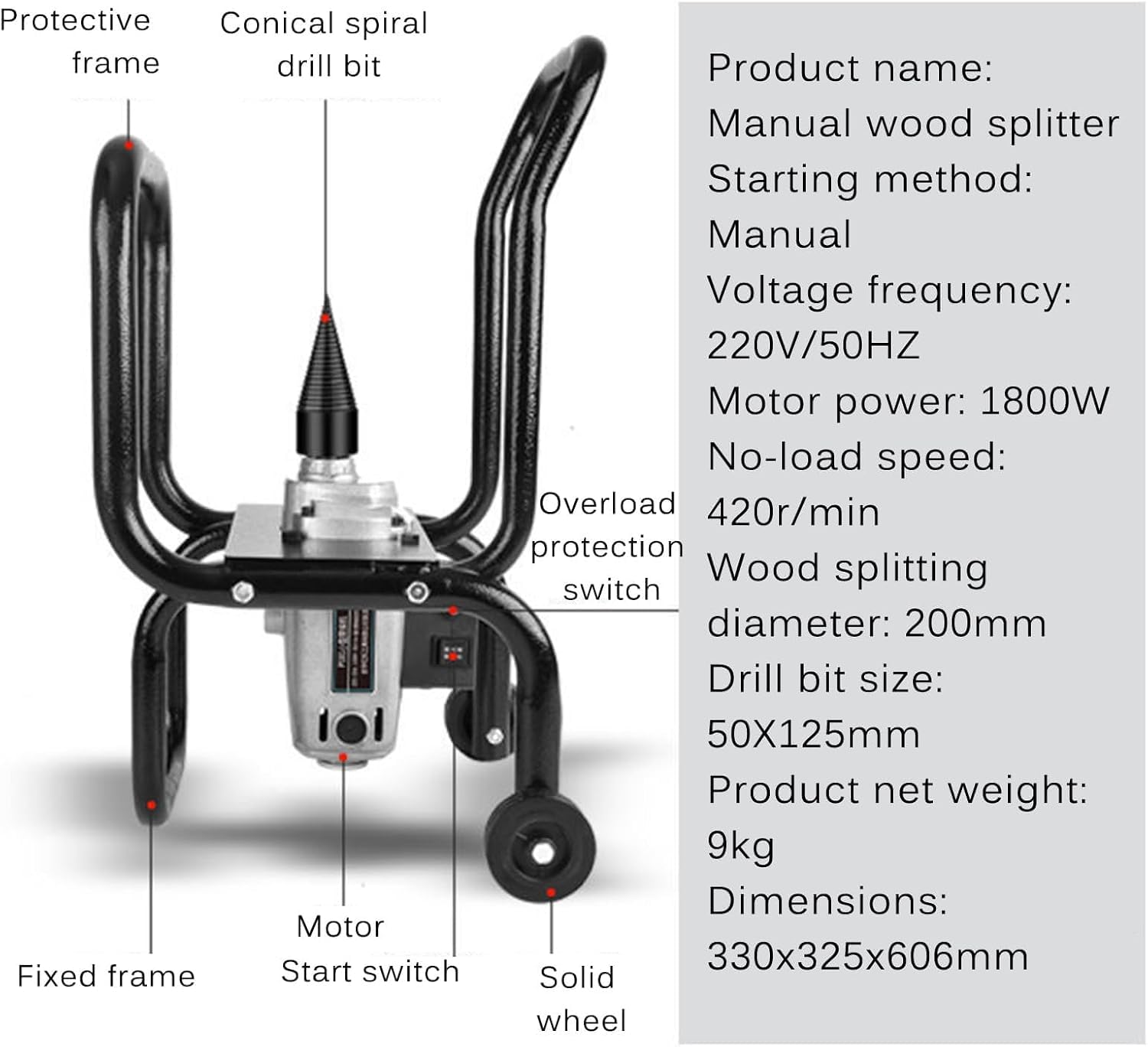 Rajadora de leña eléctrica, máquina totalmente automática para rajar leña, diámetro de corte de 20 cm, rotación hacia adelante y hacia atrás, para chimeneas y fogatas.