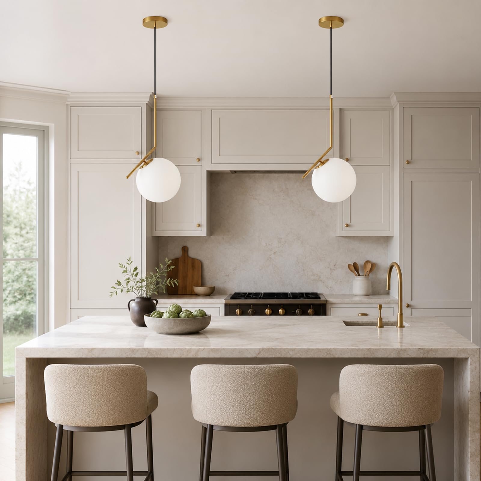Lampada a sospensione moderna a sfera in vetro bianco, lampada da soffitto in metallo ottone, Lampadario da cucina per soggiorno e sala da pranzo (1-luce)