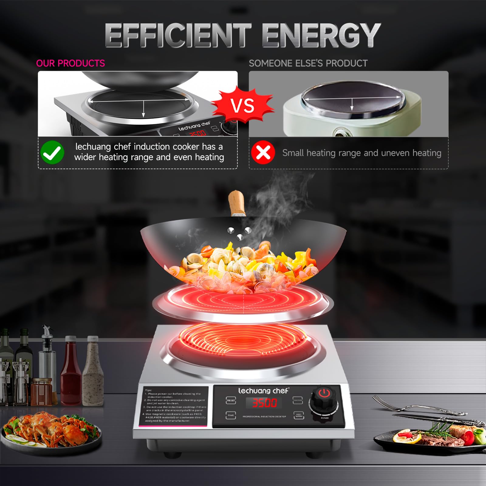 Lechuang Chef 3500W Induction Cooker with Wok, Induction Hob with Upgrade Hot Plate, 24-Hour Timer and Preset Functions, 50 KG Load Capacity, 11-Level Power and Temperature setting — view 5