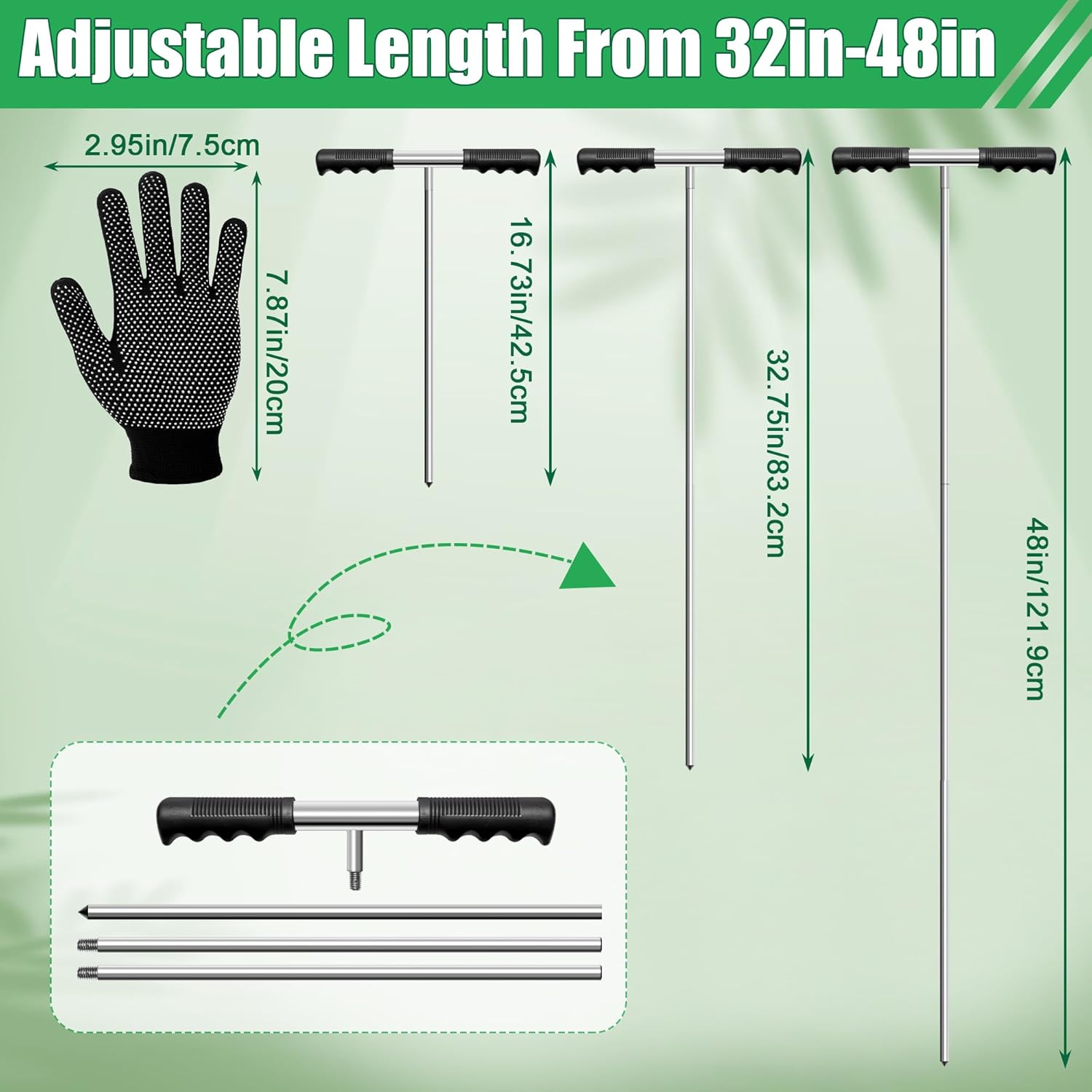 Soil Probe Rod with Gloves, Coldairsoap 32"-48" Stainless Steel Tank Probe Rod, Adjustable Ground Rod Tool with Heavy Duty T-Handle for Locating Tank Underground Pipe Gravel Rodent Runs