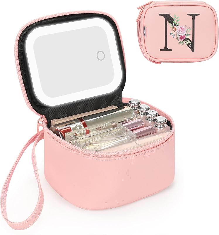 Relavel Mini Maleta de Maquiagem Rosa com Espelho LED Removível e Letra Bordada