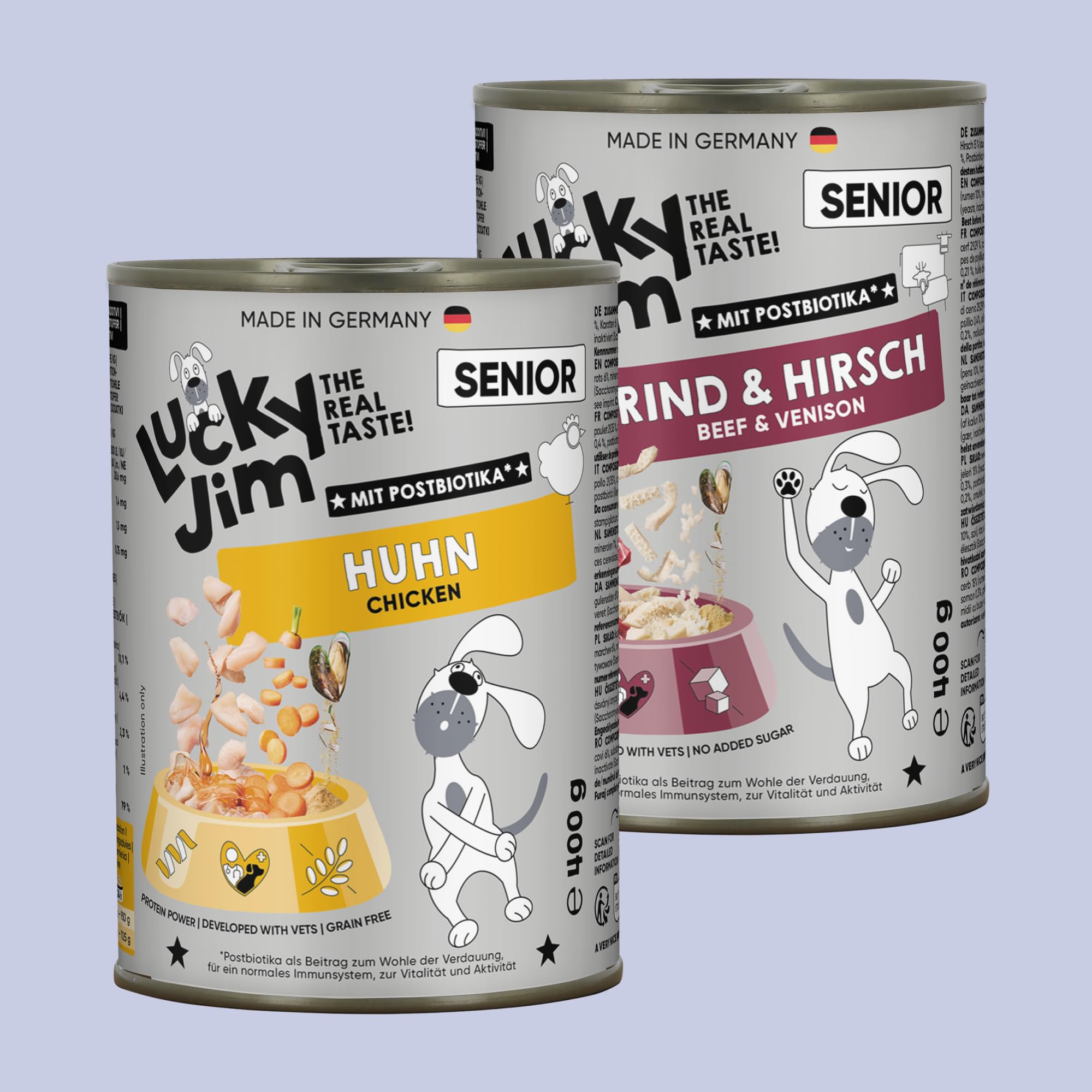 LUCKY JIM Huhn, Rind & Hirsch Senior Hundefutter nass - 18 x 400g Dosen - Nassfutter für ältere Hunde, ohne Zuckerzusatz & mit Postbiotika, Made in Germany, mit Tierärzten entwickelt