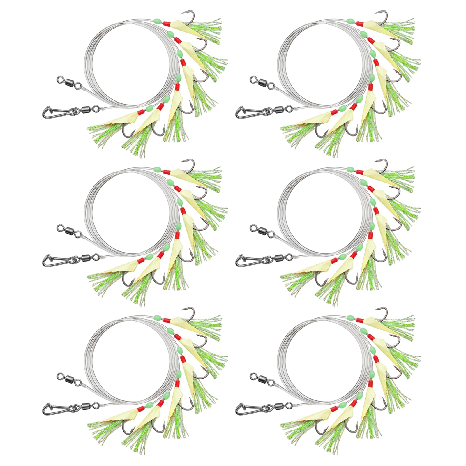 6 Pcs Pre-Tied Mackerel Feathers Rigs with 36 Hooks, Luminous Beads Bionic Insects, Perfect for Mackerel, Pollock, Cod, Herring, Bass Freshwater and Saltwater Fishing