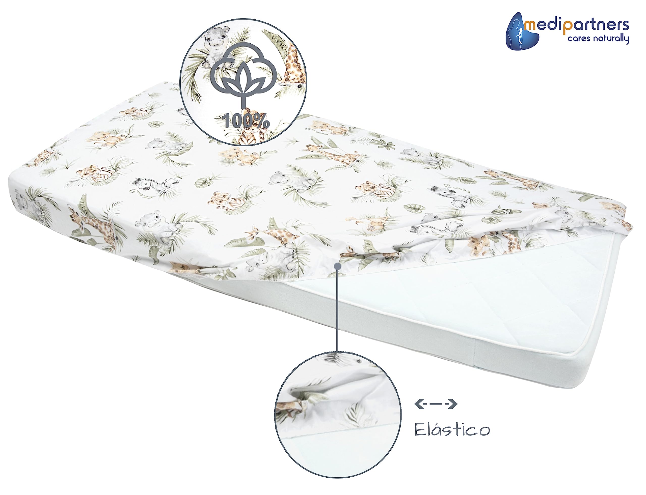 Medi Partners Sabana Bajera Cuna 60x120 Set de 3-100% Algodon Sabanas de Algodón Bebe Ropa de Cama para Bebés Dormir Cuna Fitted Bed Sheet Protector (Safari-Blanco-Gris)
