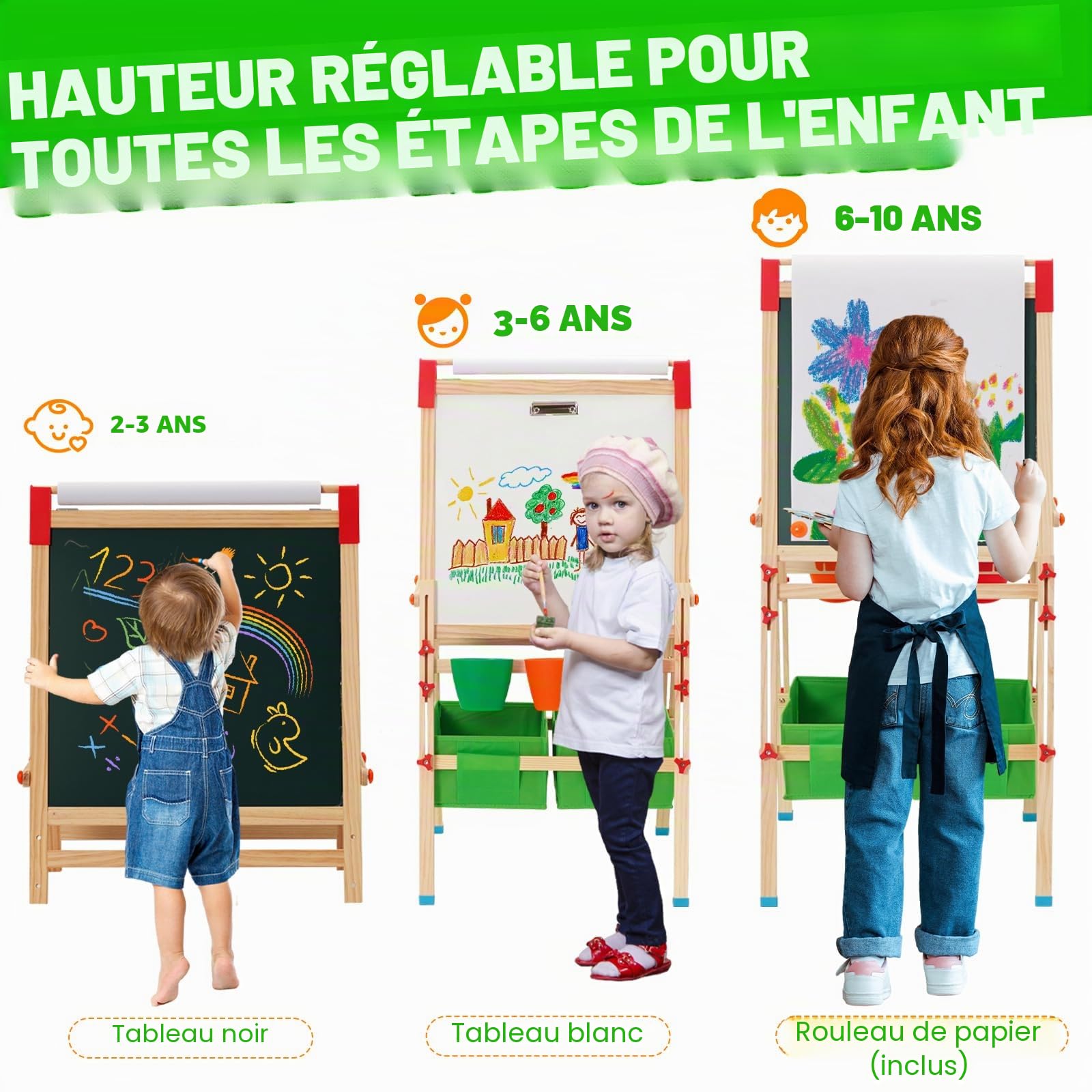 Tableau Enfant Double Face,Chevalet Réglable En Hauteur Pour Enfants,Chevalet Enfant Avec Tableau Blanc Noir Et Rouleau De Papier.Tableau blanc Effacable sur pied,Cadeau Anniversaire Fille Garçon