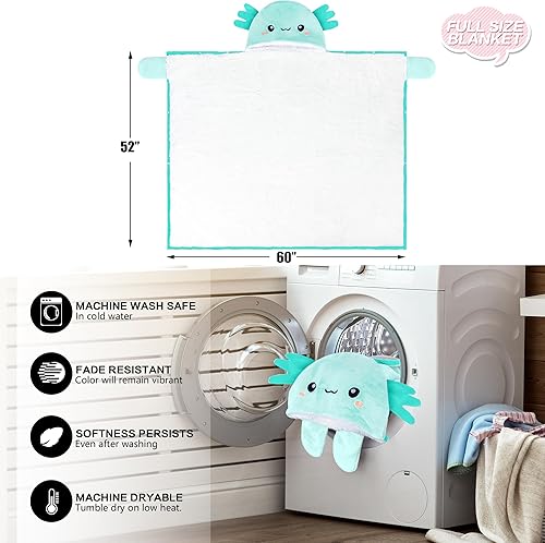 Miniatura 5 de Axolotl - Manta con capucha para adultos, súper suave, cálida y acogedora manta de franela de vellón y sherpa con capucha - Regalos de ajolote para