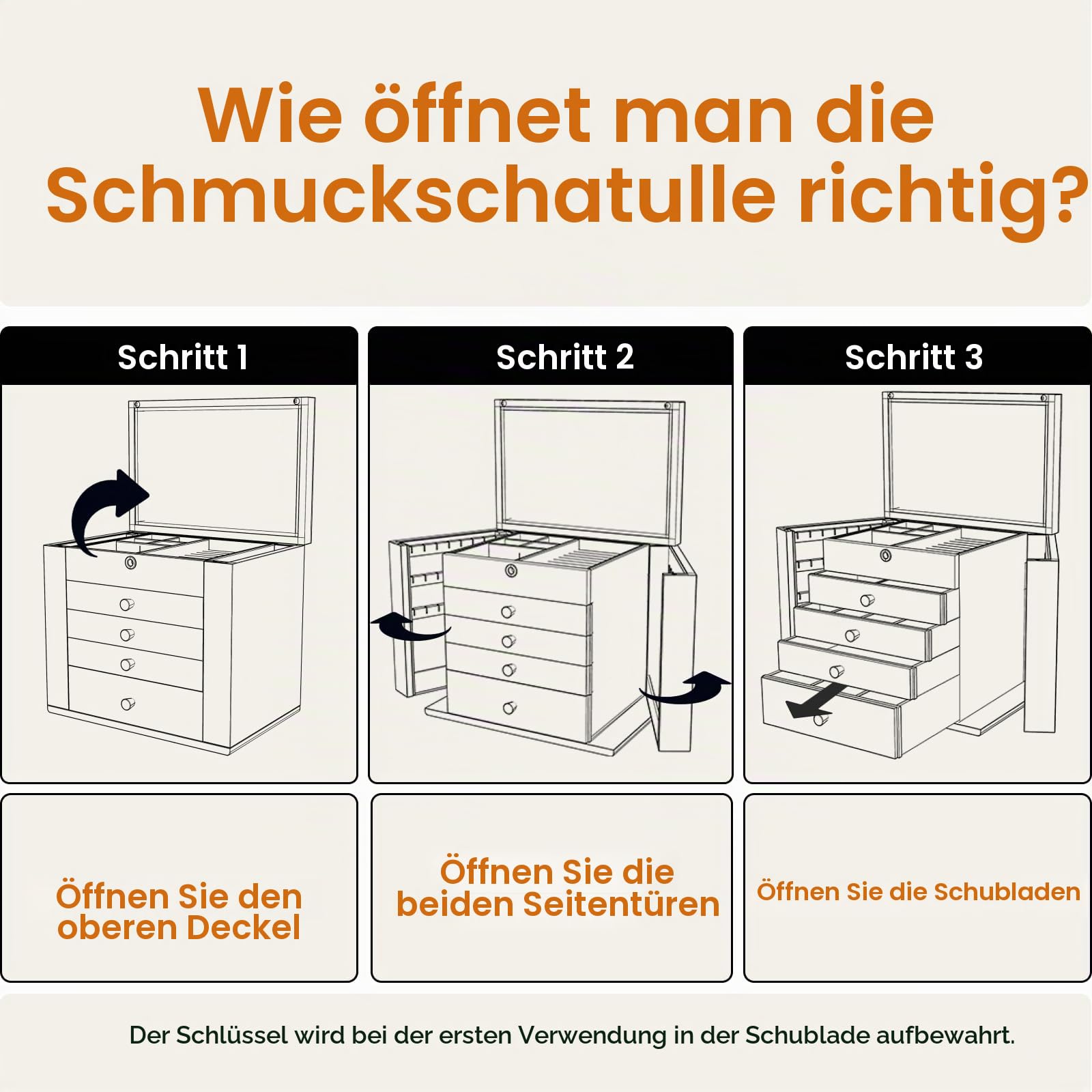Schmuckkästchen aus Walnussholz für Damen mit Schloss, 4 Fächer | Geräumige Fächer für Uhren, Ketten, Ringe, Ohrringe und Armbänder, Geschenk für Frauen