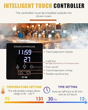 CGOLDENWALL 12KW Commercial Self-Draining Steam Generator Shower System Home Steam Bath Spa Generator 30 min to 12 Hours with Auto Drain 95-131F for Suitable Space Heating 12 m3/424 Cubic feet (12KW)