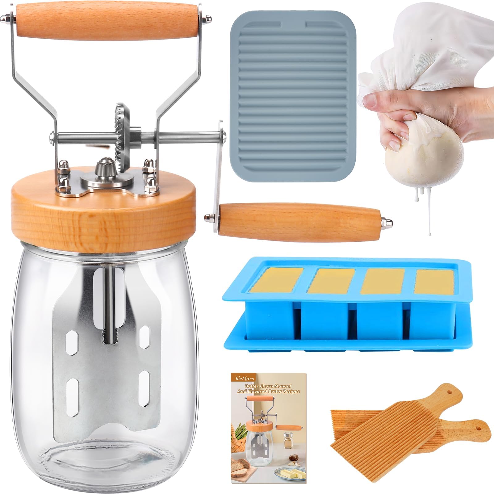Butter Churner - Hand Crank Mason Jar Butter Churner, 34oz Manual Butter Maker with 14 Flavored Butter Recipe, Butter Paddle, Butter Mold with Lid, Cheese Cloth, Anti-slip Mat, Glass Hand Butter Churn
