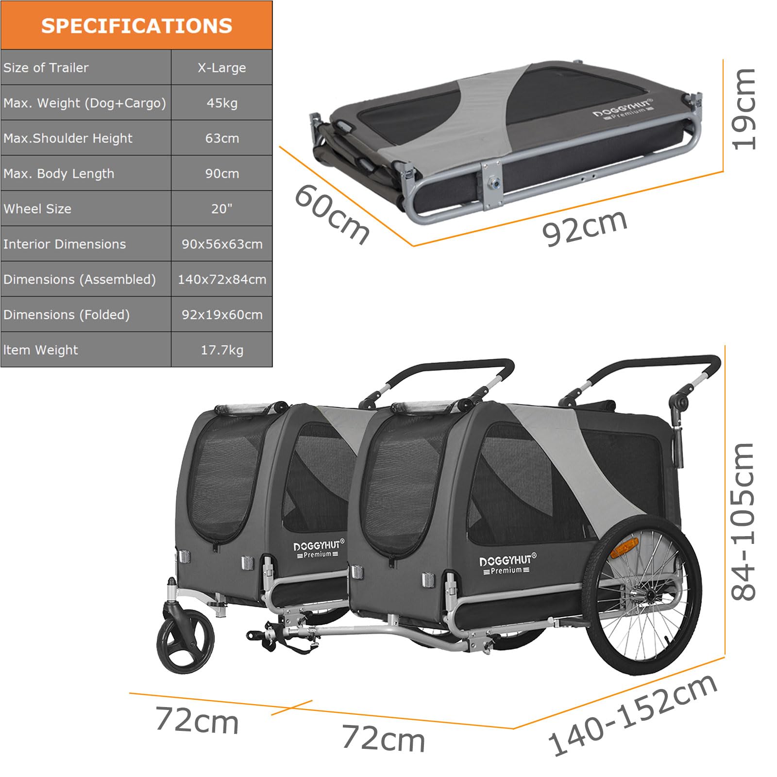 DOGGYHUT® Premium XL 2 in 1 Hundefahrradanhänger & Jogger 23-45 kg Fahrradanhänger für Hunde Hundeanhänger für Fahrrad 80106
