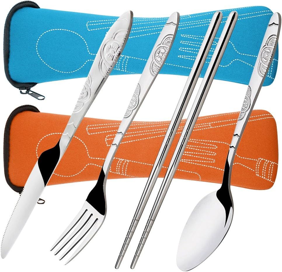 8 Pieces Flatware Sets Knife, Fork, Spoon, Chopsticks, SENHAI 2 Pack Rustproof Stainless Steel Tableware Dinnerware with Carrying Case for Traveling Camping Picnic Working Hiking(Orange,Light Blue)