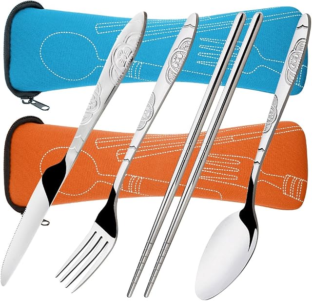 8 Pieces Flatware Sets Knife, Fork, Spoon, Chopsticks, SENHAI 2 Pack Rustproof Stainless Steel Tableware Dinnerware with Carrying Case for Traveling Camping Picnic Working Hiking(Orange,Light Blue)