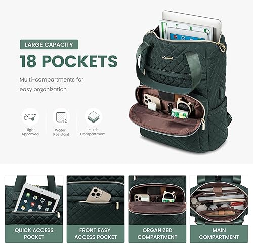 Miniatura 3 de LOVEVOOK Mochila para laptop para mujer, Verde oscuro, Mochila de viaje para computadora portátil y profesor universitario